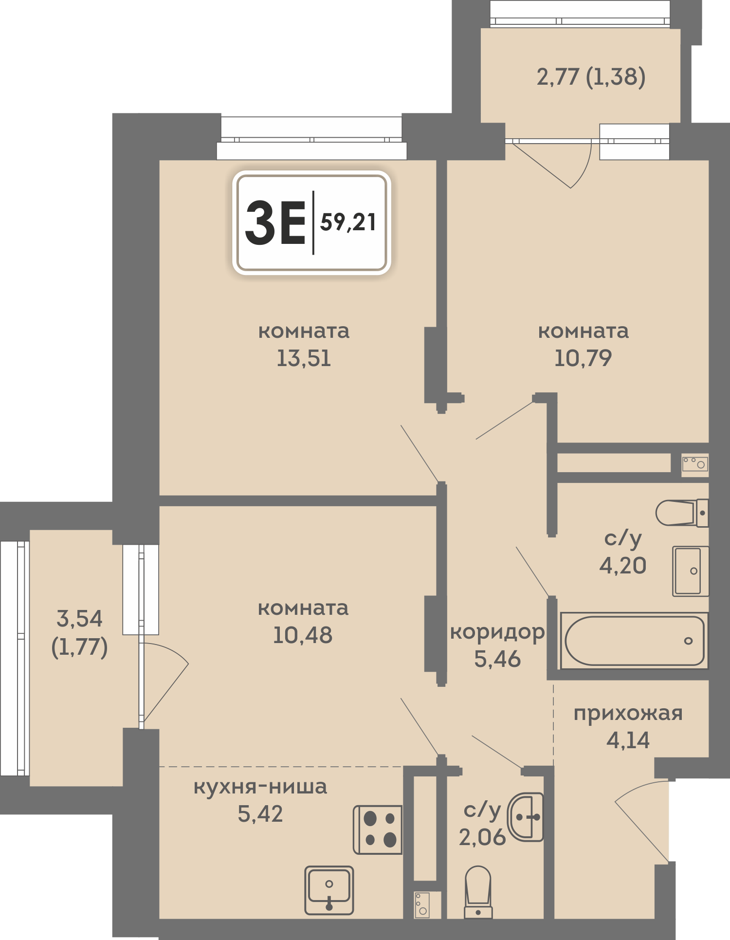 Планировка: 3-комнатная евро, 59.21 м²