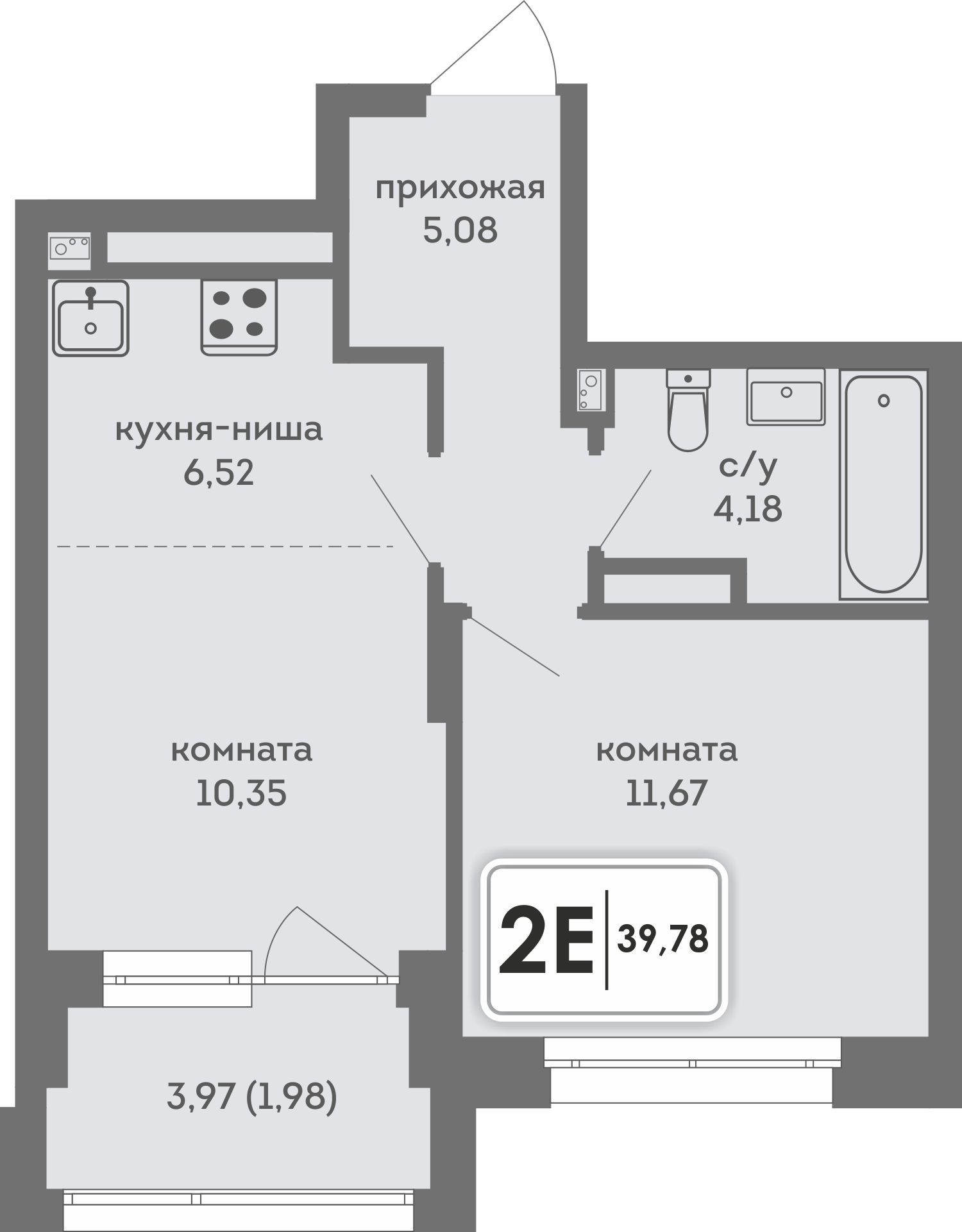 Планировка: 2-комнатная евро, 39.78 м²